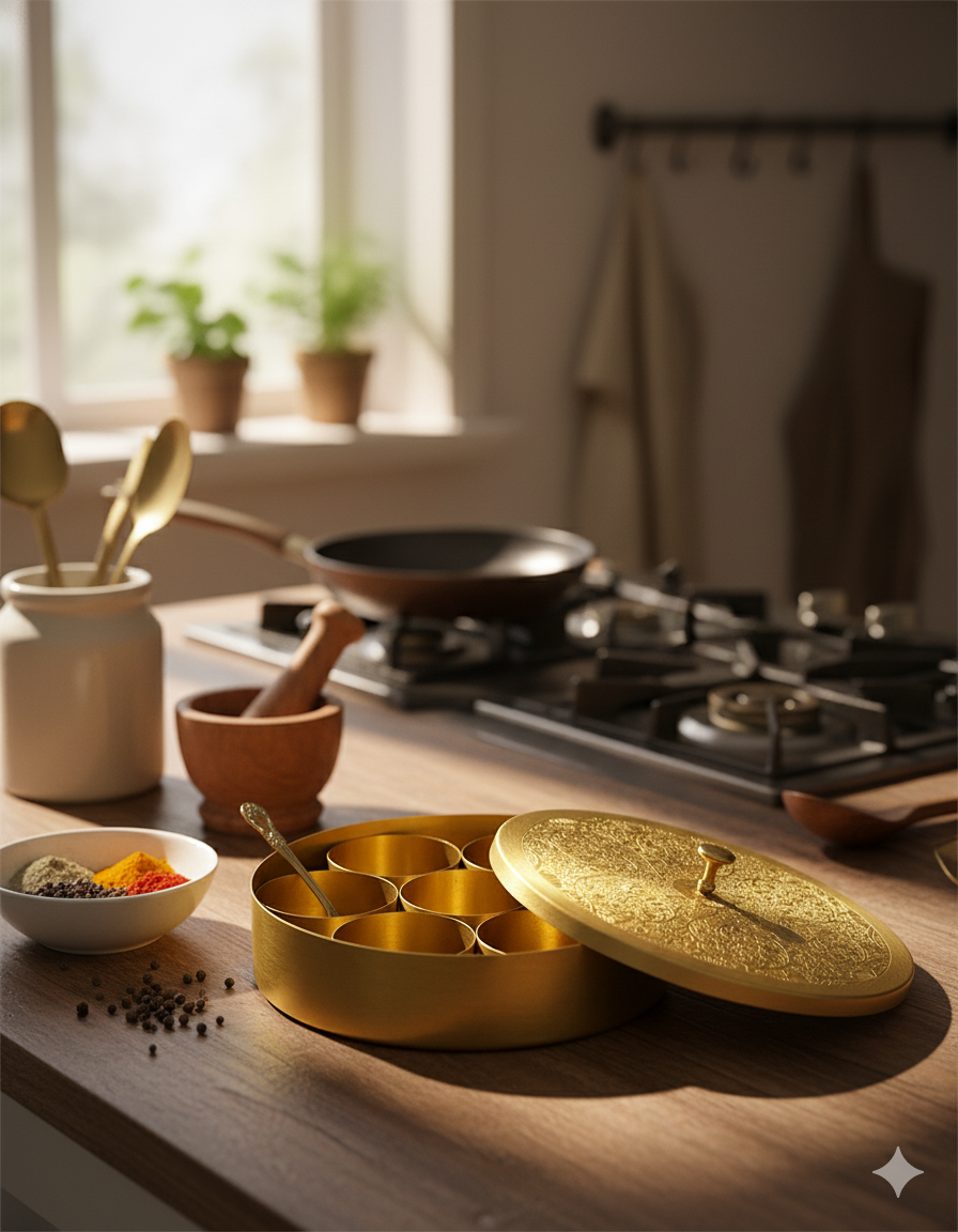 Brass Spice Box - 7 Containers (Traditional Masala Dabba) Brass product view 4 - Viviana London artisan collection